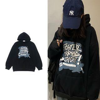 Long Sleeve Letter Print Fleeced Hooded Sweatshirt