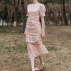Balloon-sleeve Floral Print Midi Sheath Dress