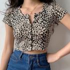 Leopard Print Short-sleeve Button Cropped T-shirt