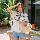 High-neck Embroidered Flare Blouse