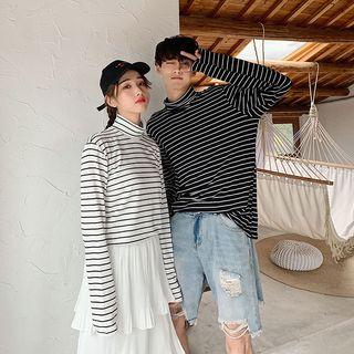 Couple Matching Mock Neck Striped T-shirt