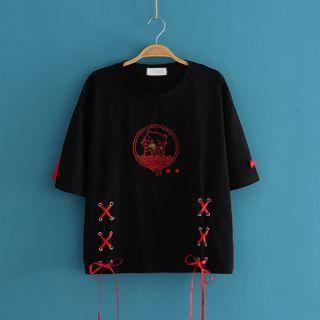 Cat Embroidered Short Sleeve T-shirt As Shown In Figure - One Size