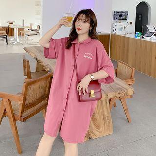 Elbow-sleeve Letter Shirt Dress