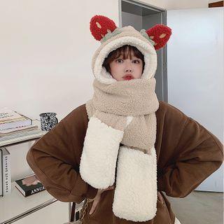 Strawberry Fleece Hooded Scarf With Mittens