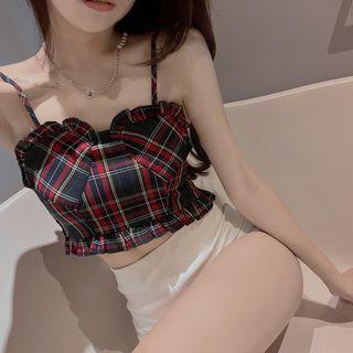 Ruffle Trim Plaid Tank Top Plaid - Red & Navy Blue - One Size