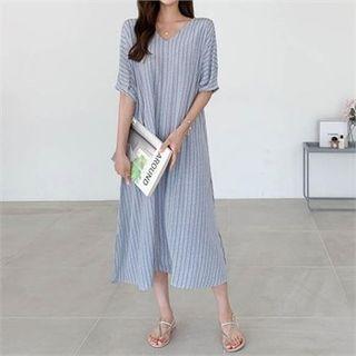 V-neck Patterned Long Dress With Sash