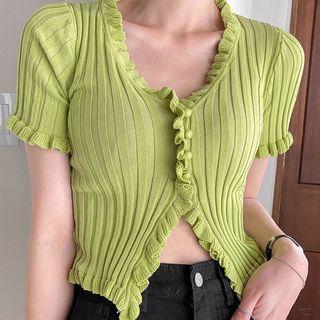 Frill-edge Rib-knit Cardigan