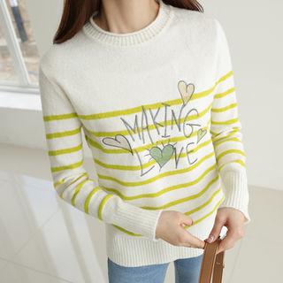 Lettering Embroidered Striped Knit Top