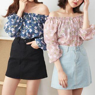 Off-shoulder Floral Print Long-sleeve Shirred Top