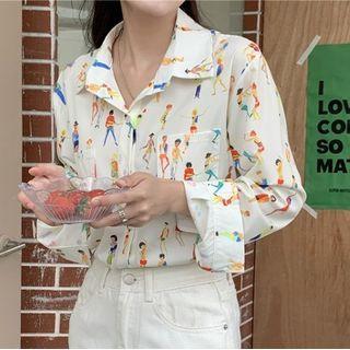Long-sleeve Print Loose Fit Pocket Shirt