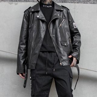 Faux Leather Skull Patch Biker Jacket