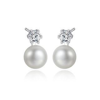 Sterling Silver Simple Round White Freshwater Pearl Earrings With Cubic Zirconia Silver - One Size