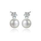 Sterling Silver Simple Round White Freshwater Pearl Earrings With Cubic Zirconia Silver - One Size