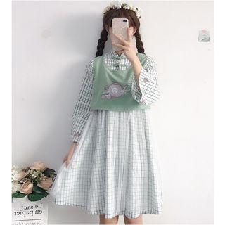 Mock Two-piece 3/4-sleeve Check A-line Dress Green - One Size