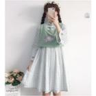 Mock Two-piece 3/4-sleeve Check A-line Dress Green - One Size
