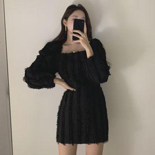 Balloon-sleeve Fringed Mini A-line Dress