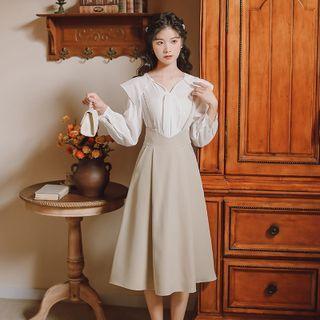 V-neck Plain Blouse / High-waist Plain Pleated A-line Skirt