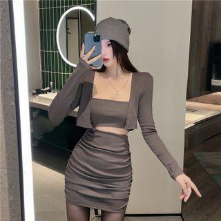 Set: Open Front Light Jacket + Strapless Cut-out Mini Sheath Dress
