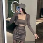 Set: Open Front Light Jacket + Strapless Cut-out Mini Sheath Dress