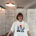 Floral Embroidered Elbow-sleeve T-shirt White - One Size