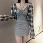 Long-sleeve Plaid Shirt / Spaghetti Strap Mini Sheath Dress