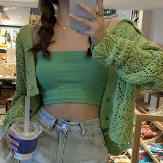 Pointelle-knit Cardigan / Cropped Suspender