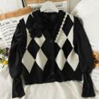 Set: Details Argyle Button-up Knit Vest + Puff-sleeve Plain Top