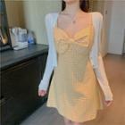 Spaghetti Strap Gingham Bow Mini A-line Dress / Plain Short-sleeve T-shirt