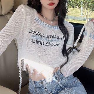Lettering Distressed Knit Crop Top
