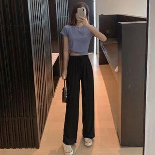 Short-sleeve Sequined Knit Top / Wide Leg Pants / Set