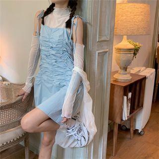 Cold-shoulder Mesh Top / Shirred Pinafore Dress
