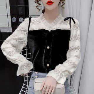 Long-sleeve Mock Two-piece Velvet Panel Top