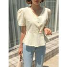 Puff-sleeve Button-detail Peplum Top