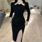 Long-sleeve Chain Detail Side-slit Sheath Dress