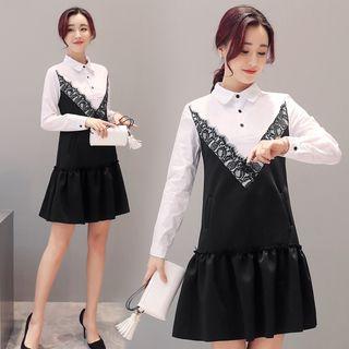 Long-sleeve Mock Two Piece Lace Trim Dress