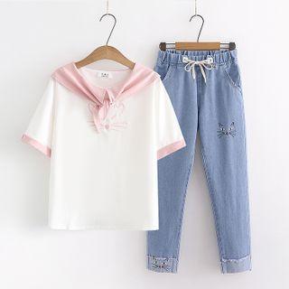 Set: Short-sleeve T-shirt + Straight Leg Jeans