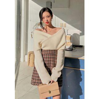 Off-shoulder Wrap-front Ribbed Sweater