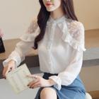 Long-sleeve Ruffled Lace Paneled Buttoned Top