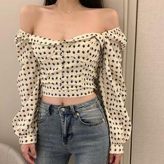 Print Off-shoulder Long-sleeve Blouse