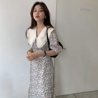 Puff Elbow-sleeve Ruffle Trim Collar Floral Print Midi Dress