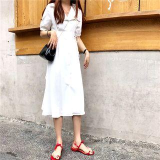 Frilled Trim Single-breasted Midi Dress