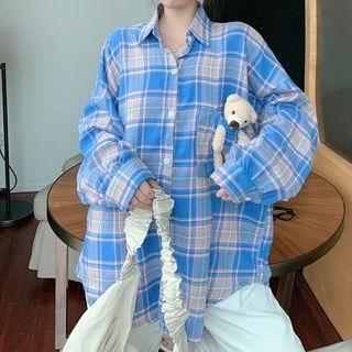 Long-sleeve Bear Accent Plaid Shirt