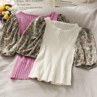 Floral-sleeve Skinny Knit Top In 6 Colors