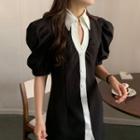 Puff-sleeve Contrast Trim Mini Collared Dress