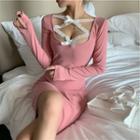 Lace Strap Long-sleeve Mini Sheath Dress