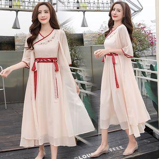 Set: Sleeveless Midi A-line Chiffon Dress + Light Jacket