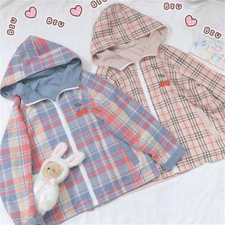 Cherry Embroidered Plaid Hooded Zip Jacket