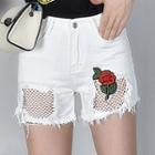 Mesh Insert Rose Embroidered Denim Shorts