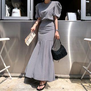 Set: Gingham Puff-sleeve Top + Maxi Mermaid Skirt