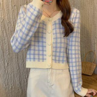 Round Neck Plaid Cropped Cardigan